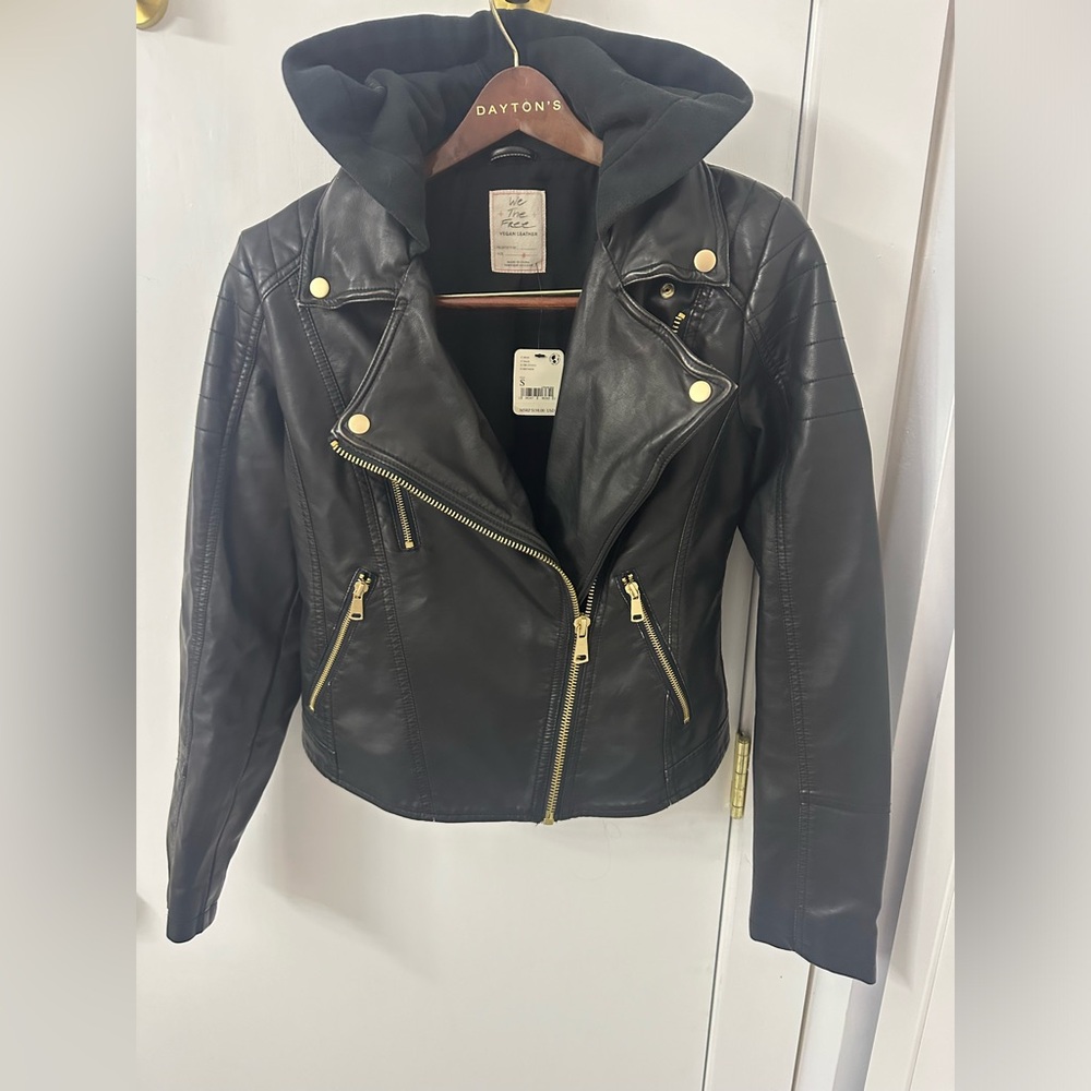 Free People Black Leather Moto Jacket with Hood